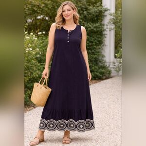 Gramercy 22 Navy Blue Embroidered Dress XS Sleeveless Boho Flowy Summer Rayon
